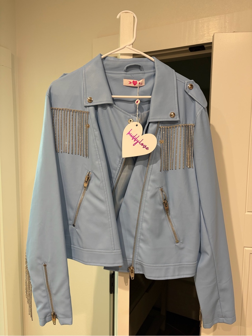 Buddy Love Light Blue Rhinestone Fringe Faux Leather Jacket
